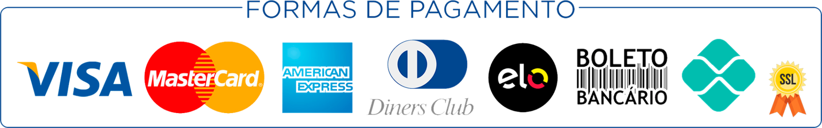 Formas de pagamento aceitas: Visa, MasterCard, American Express, Diners Club, Elo, boleto bancário, Pix e site seguro SSL