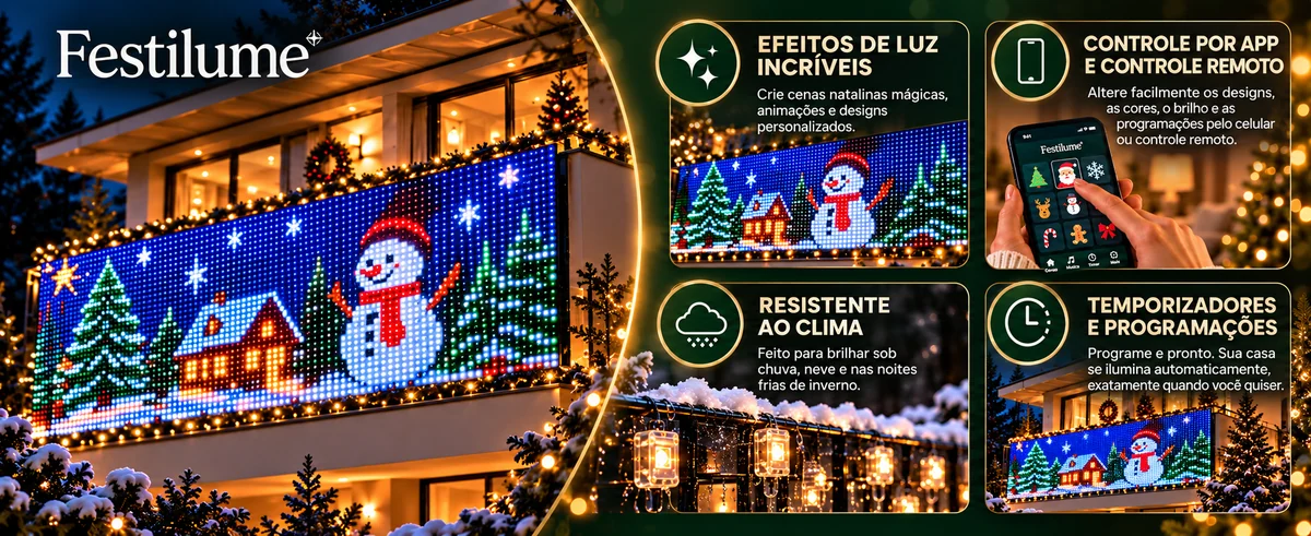 Efeitos de luz incríveis, controle por app e remoto, resistente ao clima, temporizadores