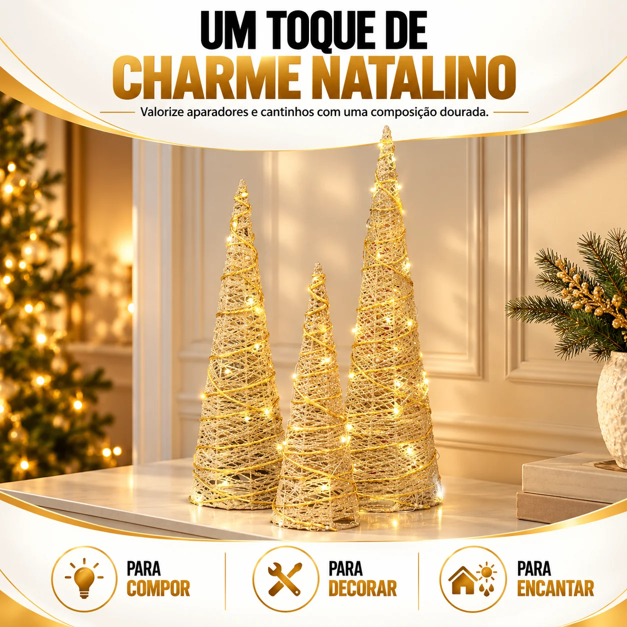 Trio de Árvores Cone Douradas com LED - 40, 50 e 60 cm
